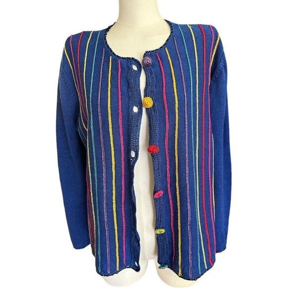 Bedford Fair Lifestyles Blue Striped Colorful Button Up Cardigan Women's Sz L - Picture 7 of 11